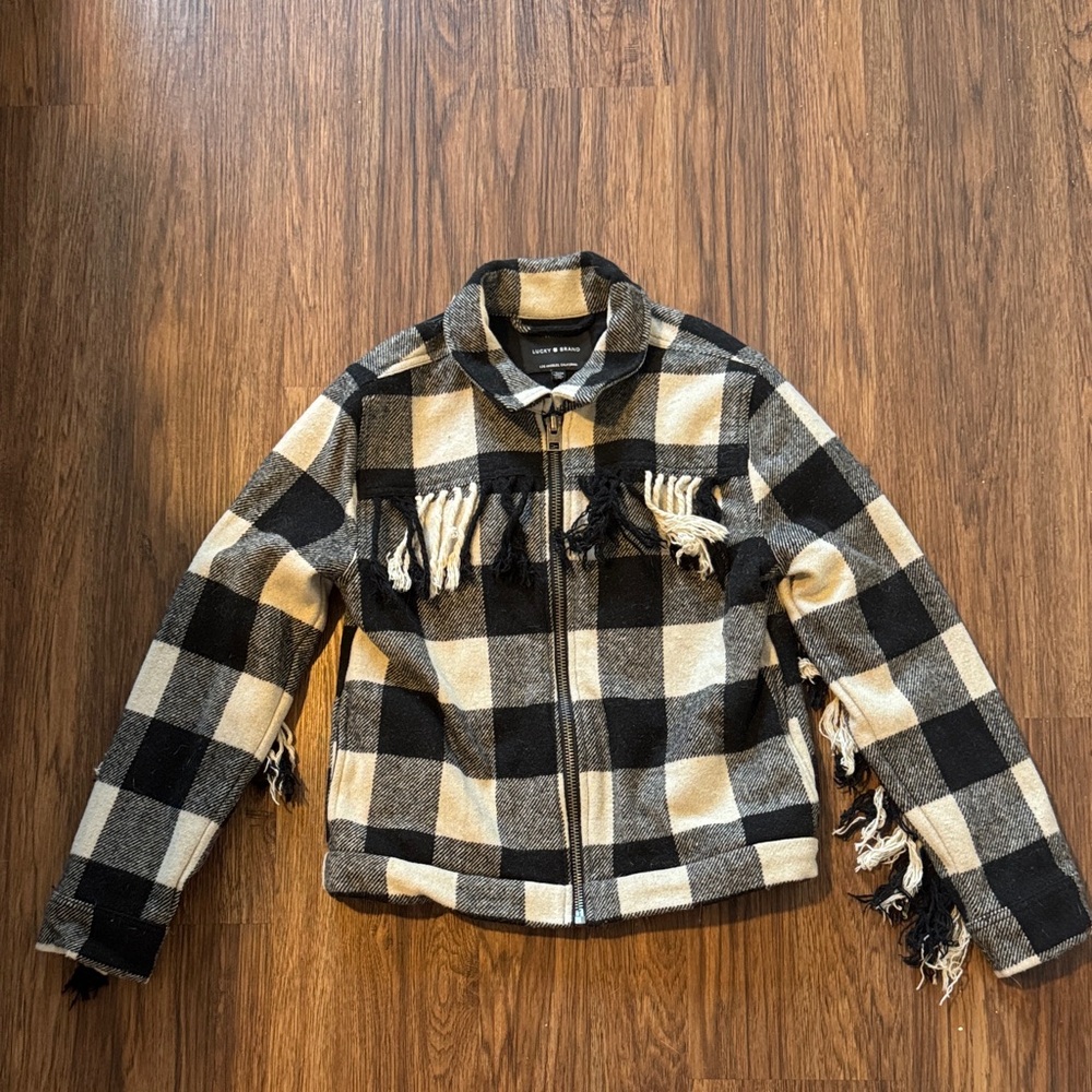 Lucky Brand Black and Cream Checkered Fringe Jacket